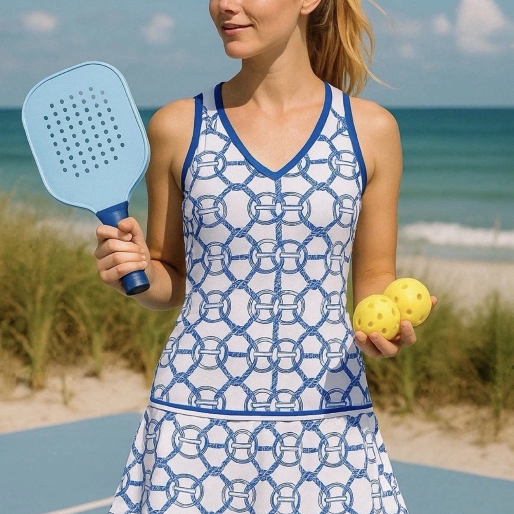 Wimbledon Nautical Rope Print Tennis Dress Lrg | Preppy Pickleball Y2K Athletic